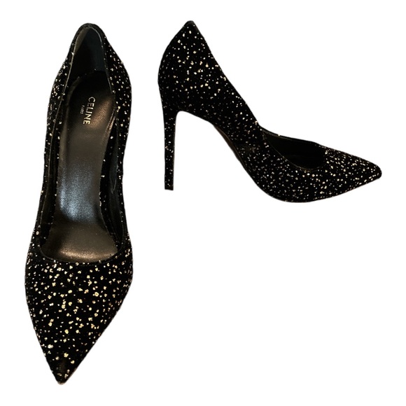 CELINE “SHARP PUMP” IN GLITTER DOTS VELVET BLACK SIZE 38.5 - Picture 2 of 4